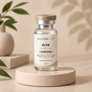 KLOW injection vial, labeled 95 mg per 5 mL, containing GHK-Cu, BPC-157, TB-500, and KPV; illustrative product artwork.