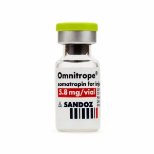 Omnitrope somatropin 5.8 mg per vial, shown in full with white space around the vial