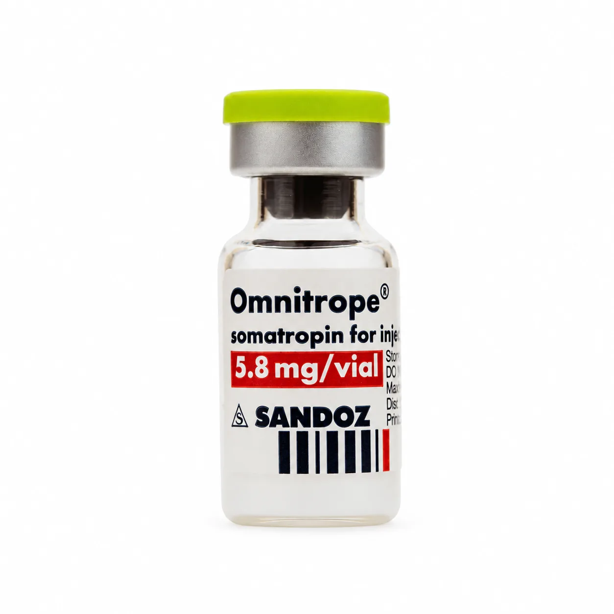 Omnitrope somatropin 5.8 mg per vial, shown in full with white space around the vial